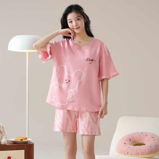 兮众女士短袖睡衣套装夏季夏天薄款大码家居服可外穿休闲春夏棉卡通 GXT6636 M (建议75-95斤)