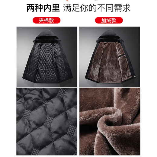Woodpecker cotton coat for middle-aged and elderly men, cotton padded coat with velvet and thickening, men's jacket, winter daddy padded jacket, warm and thick winter coat, black and velvet style 2XL