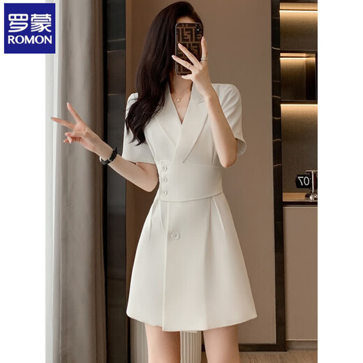 罗蒙黑色西装连衣裙女短袖工作服气质休闲2025新款美容珠宝店职业裙夏 白色【达人推荐】 S 【建议80-95斤】