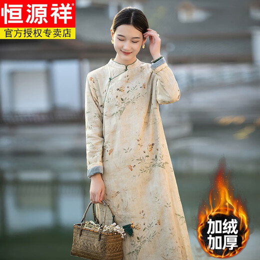 Hengyuanxiang Export tail goods removed from the cabinet Women's Chinese-style improved cheongsam plus velvet thickened stand-up collar printed cotton and linen dress Picture color (small quantity in stock) Oriental simple luxury style M Recommended 90-105 Jin Jin equals 0.5 kg Oriental simple luxury style