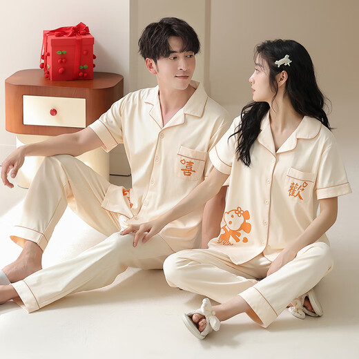 浪莎（LangSha）睡衣情侣装夏季纯棉7A抗菌短袖长裤家居服一男一女夏天可外穿套装 6221情侣装 女L+男XXL