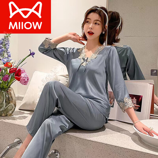猫人（MiiOW）高档真丝睡衣女两件套桑蚕丝绸2024年新款家居服套装春夏薄款妈妈 长 袖9856中粉套 M 【70-100斤】