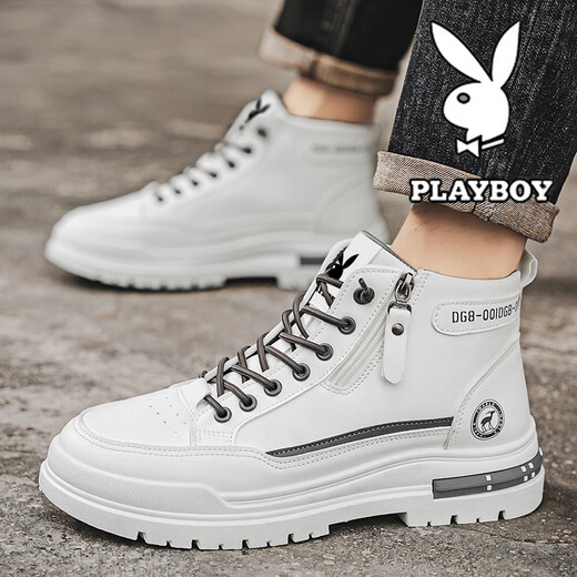 Playboy (Playboy) Zapatos para hombres High Top Otoño e Invierno Nuevo 2025 Casual Retro Retro espesa Altura que mejora los zapatos de cuero transpirable Botas de moda para hombres Martin White Grey 844 41