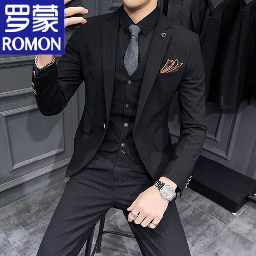 罗蒙（ROMON）抗皱免烫西服男士套装韩版修身英伦新郎结婚礼服商务正装休闲西服 a深灰色纹理9905【西服+西裤+马 M