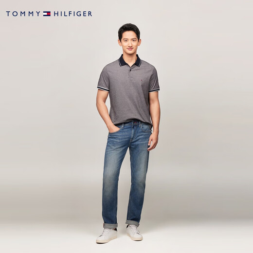Tommy Hilfiger breathable and comfortable spring and summer men's pique mesh business floral gauze trim lapel short-sleeved T-shirt POLO dark gray DW5 L (recommended 150-165Jin Jin equals 0.5 kg)