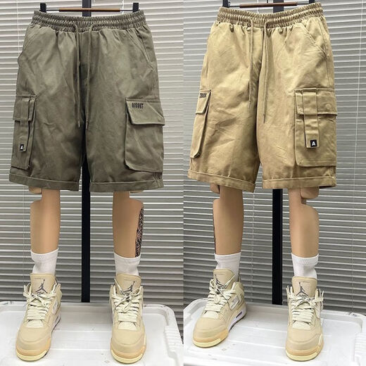 才俏工装短裤男士夏季薄款美式多口袋中裤宽松直筒运动外穿休闲五分裤 Y728黑色军绿【两条】 L 建议105115斤