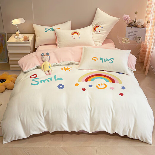 Huiai Fuanna autumn and winter double-sided velvet thickened coral milk velvet bedding four-piece set flannel sheet quilt cover cover cover LM-Rainbow 0.9m sheet three-piece set-quilt cover 150*200c