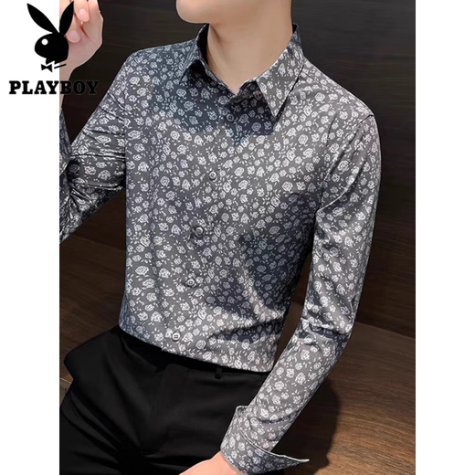Playboy (PLAYBOY) long-sleeved shirt men's print autumn new style non-iron anti-wrinkle slim light luxury men's casual floral handsome shirt 291 black L 105-125Jin Jin equals 0.5 kg