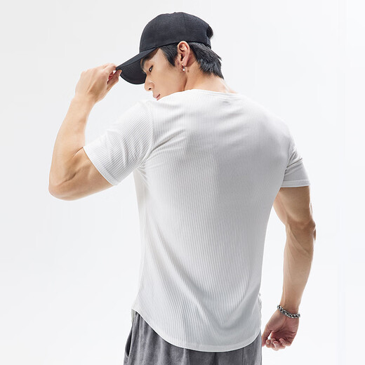 Lutielang sports fitness clothing men's sports short-sleeved elastic quick-drying training running small v-neck T-shirt top military green XXL