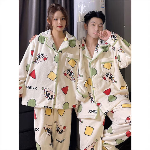 Full bundle of Crayon Shin-chan coral velvet autumn and winter pajamas for women, plus velvet and thickened home clothes, couple flannel men's suit, plush #M10# couple cardigan Crayon Shin-chan 2XL male size (weight 140-160Jin Jin is equal to 0.5 kg)