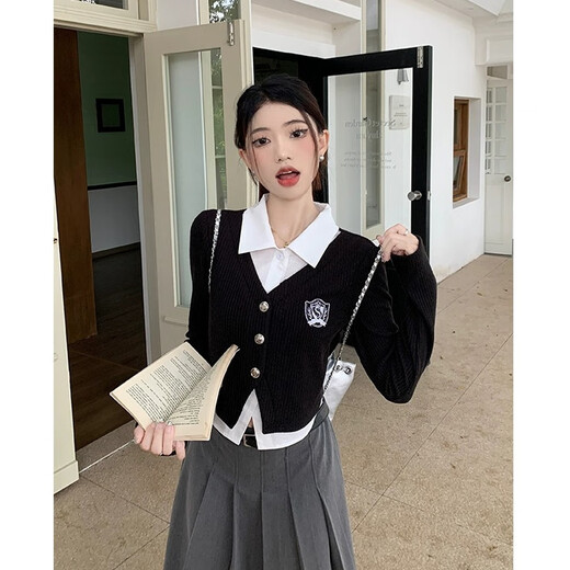 Mu Ni fake two-piece long-sleeved shirt Polo collar top black spliced short slim college style commuting outer layer black top fake two-piece M size recommended 80-100Jin Jin is equal to 0.5 kg