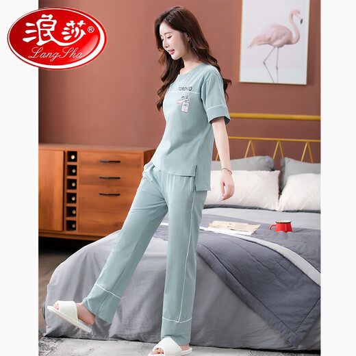 浪莎（LangSha）睡衣女夏季纯棉2025年新款短袖长裤家居服套装可外穿薄款全棉套装 7374豆沙粉 XL 120-140斤