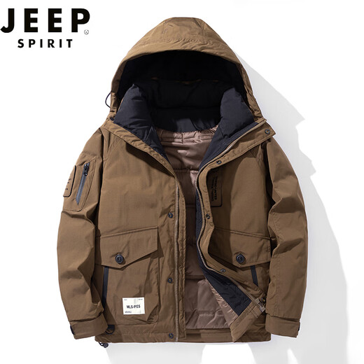 JEEP SPIRIT羽绒冲锋衣男冬季加绒加厚户外棉服时尚休闲服时尚大口袋夹克外套 9871黑色 L（110-130斤）