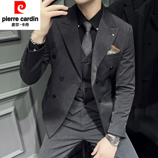 Pierre Cardin high-end double-breasted suit suit men's slim business formal suit wedding groom groomsmen dress three-piece suit navy suit + trousers + vest XL