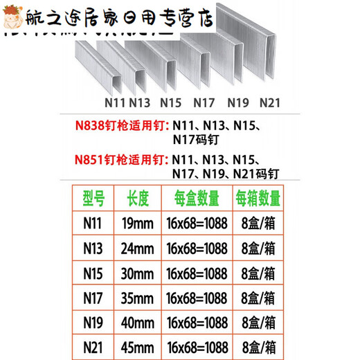君默N钉码钉N11 N13 N15 N17 N19 N21气动枪钉N851 N838木工型钉U型 N17码钉 银白色 1088发 一盒