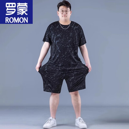 Romon Ice Silk Sports Suit Summer Summer de gran tamaño de tamaño delgado de estilo de estilo rápido para hombres Fat Fat Plus Fat Plus Flow Short Sleas Z826 Negro de alta calidad Traje de seda de hielo 7xl recomendado 250-270Jin [Jin equivale a 0.5 kg]