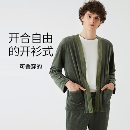 Chundu Soft Island Velvet Couple Pajamas Men's Autumn and Winter Cardigan Coral Velvet Winter Wearable Home Clothing Women's Velvet Moss Green (Male) XXXL