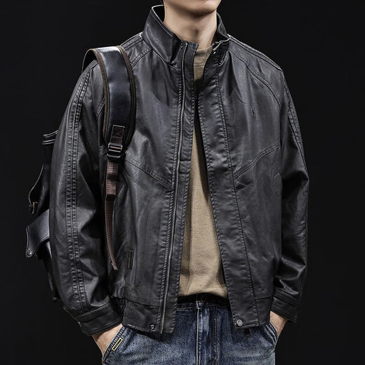 Lexin trendy high-end stand-collar motorcycle leather jacket for men in autumn and winter new men's velvet large size American retro trendy brand tops brown velvet thickened 3XL 180-200Jin Jin is equal to 0.5 kg