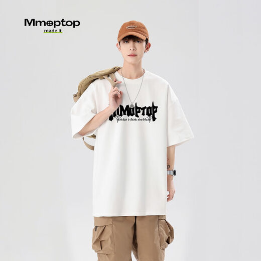 MMOPTOP Personalisierter Buchstaben Druck Kurzarm T-Shirt Herren Sommer reines Baumwoll lose halbe Ärmel Trendy Top M0028 Weiß L.