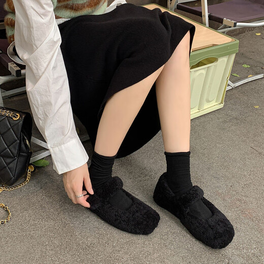 Kamulo Light Luxury 2023 Niche Street Trendy Fur Single Shoes 2023 Winter New Outdoor Versatile Band Fur Shoes Black 35