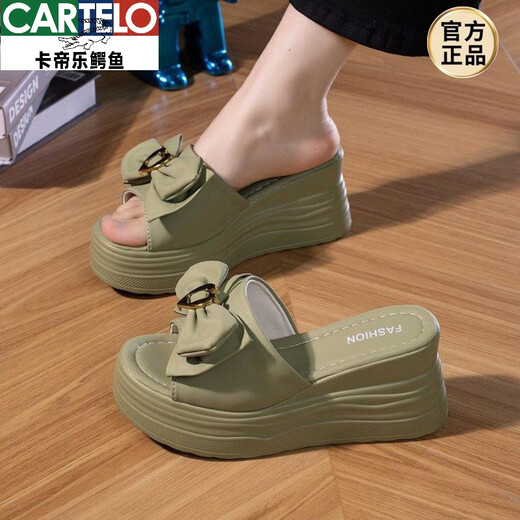 卡帝乐鳄鱼（CARTELO）高跟拖鞋女夏厚底外穿时尚仙女风坡跟一字拖百搭蝴蝶结松糕凉拖鞋 黑色 37