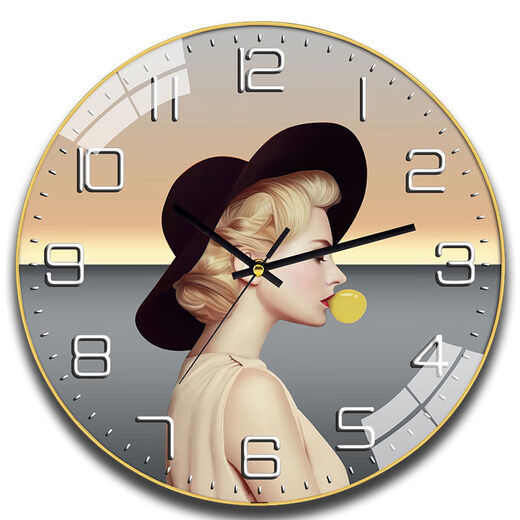 Watches, wall clocks, home internet celebrity living room watches, new style wall-mounted clocks, fashionable, high-value, hole-free quartz clocks, 6628 bubble gum girl, 14-inch (35 cm) curved glass