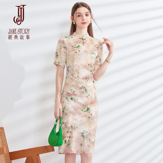 Classic Story (JANE STORY) 2024 new summer high-end daily cheongsam for women, young style, national style, new Chinese style floral dress, apricot pink and green flower S