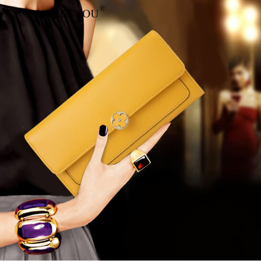 ANDSEEYOU brand long wallet women's new yellow cowhide fortune wallet fashion four-leaf clover soft cowhide clutch Chinese Valentine's Day yellow as shown in the picture