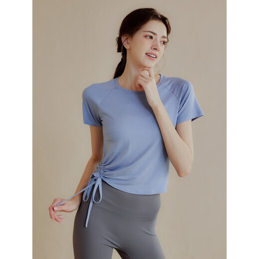 LULU CENTURY Nude quick-drying yoga wear women's thin short-sleeved T-shirt summer slim sports top running Pilates fitness wear light yellow L