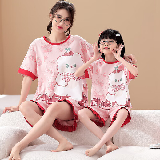 浪莎母女亲子装睡衣女童夏季短袖薄款纯棉家居服小女孩学生夏天套装 LYP687 XS (140) 130-140CM/70斤左右