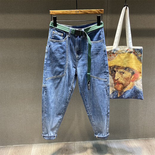 Beihai 2 Lane Spleiß dreidimensionale große Taschenarbeit Jeans für Herren Sommer dünne lose neun-Punkte-konisch-Radieschen Harem Hose Slim Blue 31 (130-140jin [Jin gleich 0,5 kg]))