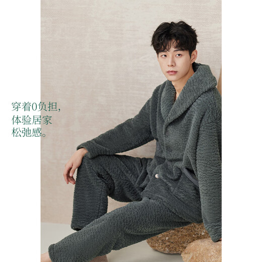 AnZhiBan JuhaoSleep Couple Pajamas Late Autumn Warm Snow Velvet Casual Solid Color Long Sleeve Women's Home Clothes Can Be Weared Outside Elegant Blue XL