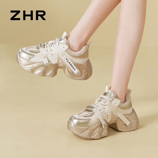 ZHR dad shoes for women retro thick sole heightened casual shoes for women light trendy comfortable women's shoes G677 gold 37
