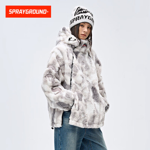 SPRAYGROUND2025 winter full-print shark mouth thickened fur coat for men and women double zipper hooded cotton coat light gray L