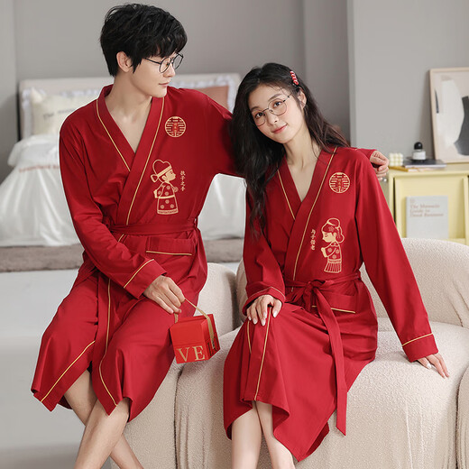 浪莎（LangSha）红色结婚情侣睡袍一男一女纯棉喜庆新婚睡衣浴袍家居服高档礼盒装 9928【礼盒装】 女L+男XL