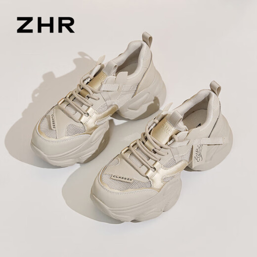 ZHR老爹鞋女夏季厚底休闲网洞鞋女透气女鞋 G673E 灰金（网面） 36