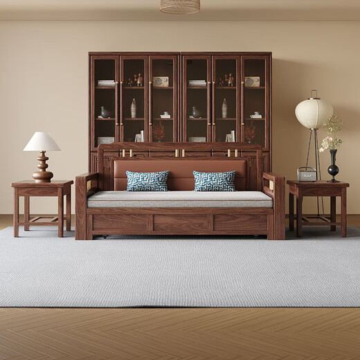 Caibaimu-Schlafsofa aus schwarzem Walnuss-Massivholz-Schlafsofa, All-in-One-Dual-Purpose-2025-Push-Pull-Kleinwohnungs-Wohnzimmer-Massivholzbett, 1,8-Meter-Schlafsofa, verbesserte Latex-Stil-Montage