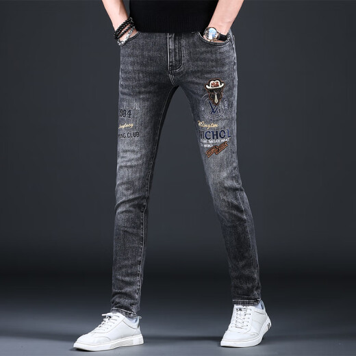 
Ke Jiehao embroidered jeans 2024 spring and autumn new small foot slim casual pants Hong Kong high-end stretch gray trendy brand men's pants OD-A675 regular 32 [2 feet 5]140-149Jin [Jin equals 0.5 kg]