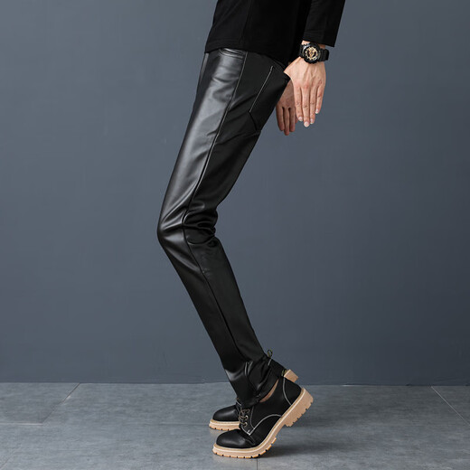 SexeMara new leather pants for men slim motorcycle tight black motorcycle foot pants spring and autumn plus velvet thick Korean version slim leather pants single thin leather 35 (2 feet 8)
