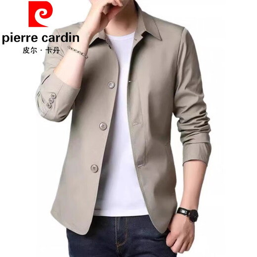 皮尔卡丹（pierre cardin）春秋季男士商务休闲夹克西装中青年纯色翻领薄款韩版修身风.衣外 浅灰色1048 M 【建议98-110斤】