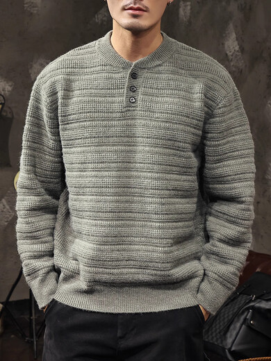 Oyati Henry collar button-up sweater for men in autumn and winter 2024 new inner layering shirt jacket winter loose woolen clothes gray green M M100-130Jin Jin is equal to 0.5 kg