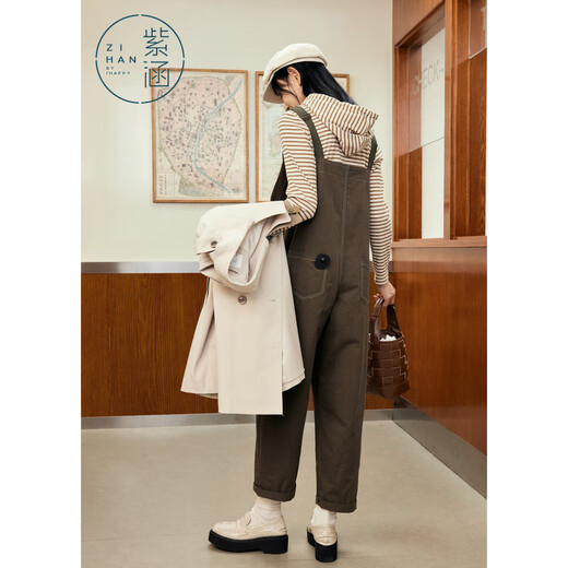 Zihan (ZIHAN) Zihan retro striped sweater + small overalls two-piece suit for women, spring, moss green XL