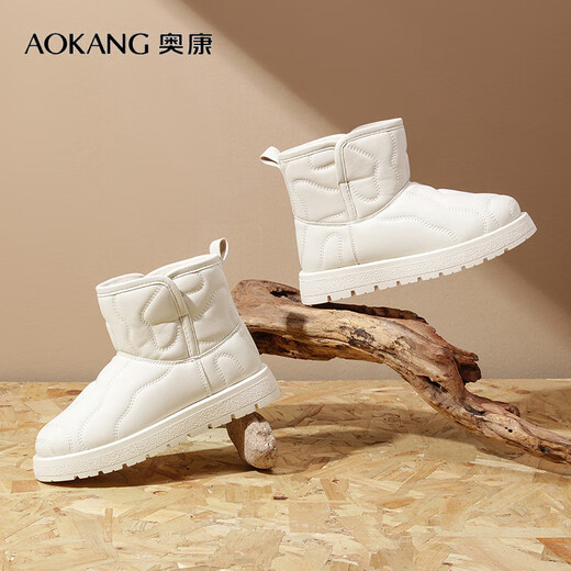 奥康（Aokang）官方女鞋雪地靴女士短筒加绒保暖冬款女鞋商场同款 米白色 加绒单层 37