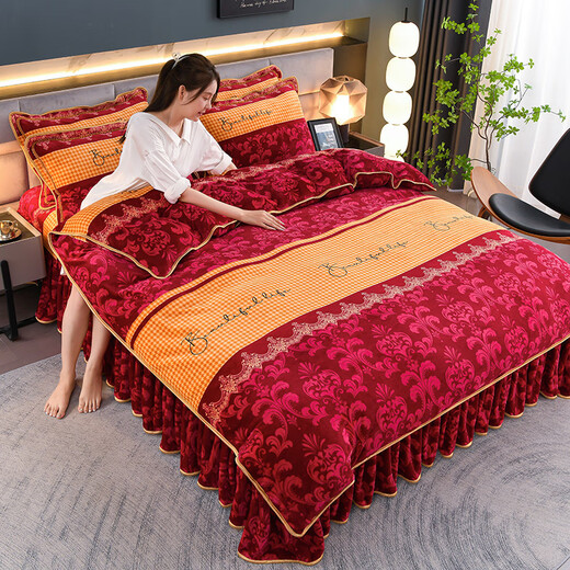 Xilan Nantong winter milk velvet four-piece set thickened flannel double-sided plush bed sheet quilt cover coral velvet 4-piece set Plato 1.5 meters (quilt cover 200*230) bed skirt four-piece set