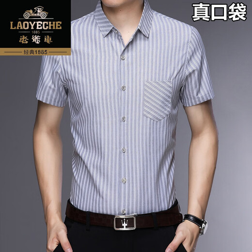 老爷车高端100%纯棉短袖衬衣男2024夏季条纹中年商务全棉衬衫男装薄寸衫 短袖8568兰色 180/2XL建议145-160斤