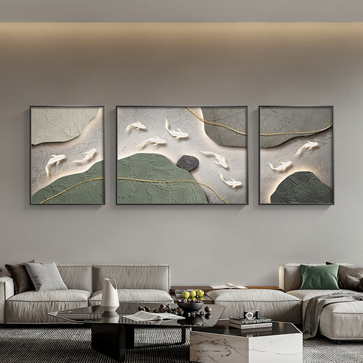 美优淳 九鱼图客厅装饰画侘寂风肌理沙发背景墙挂画简约高级感三联壁画 JD12171 左右35*50中70*50晶瓷金属黑框