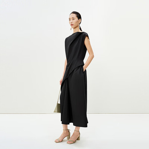 Weniger [gleicher Stil im Einkaufszentrum] 2025 Sommer neuer unregelmäßiger Kragen Baumwollhülsenkleid 2p4g12170 009 Fake Black S