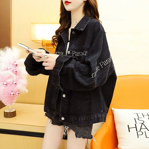 Zhidoudou Sense Black Denim Jacket for Women 2025 New Design Retro Hong Kong Student Student Korean Loose Daven Jacket 9926# Imagen Negro S sugerido 80--95Jin [Jin es igual a 0.5 kg]