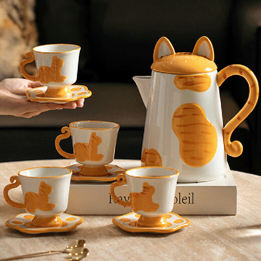 Dining General Ceramic Water Set Gift Box Living Room Flower Teapot Mug Coffee Cup Saucer Water Cup Housewarming New Wedding Souvenir Creative Cat Water Set One Pot Four Cups and Saucers