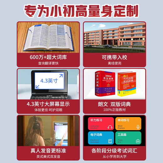 Kuaiyitong Student English Electronic Dictionary Learning Machine for Primary School Junior High School Students Offline Back-Looking Word Artifact Longman Advanced English-Chinese Bilingual Dictionary Translator No Games Can Be Taken to School Piano Black Standard Screen 64G Longman Enhanced Edition Newly Added Primary-Junior High-level Listening
